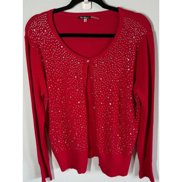 Vila Milano Button Up Cardigan Sweater XL Red Wool Bling Jewels Sparkle Holiday - Picture 1 of 10